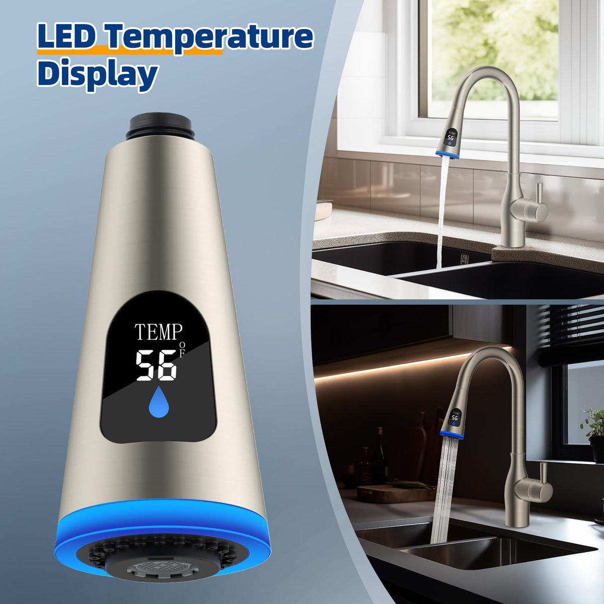 مزيل الماء الساخن LED، 4 وضعيات رش، عرض درجة الحرارة، نحاس مسحوق
