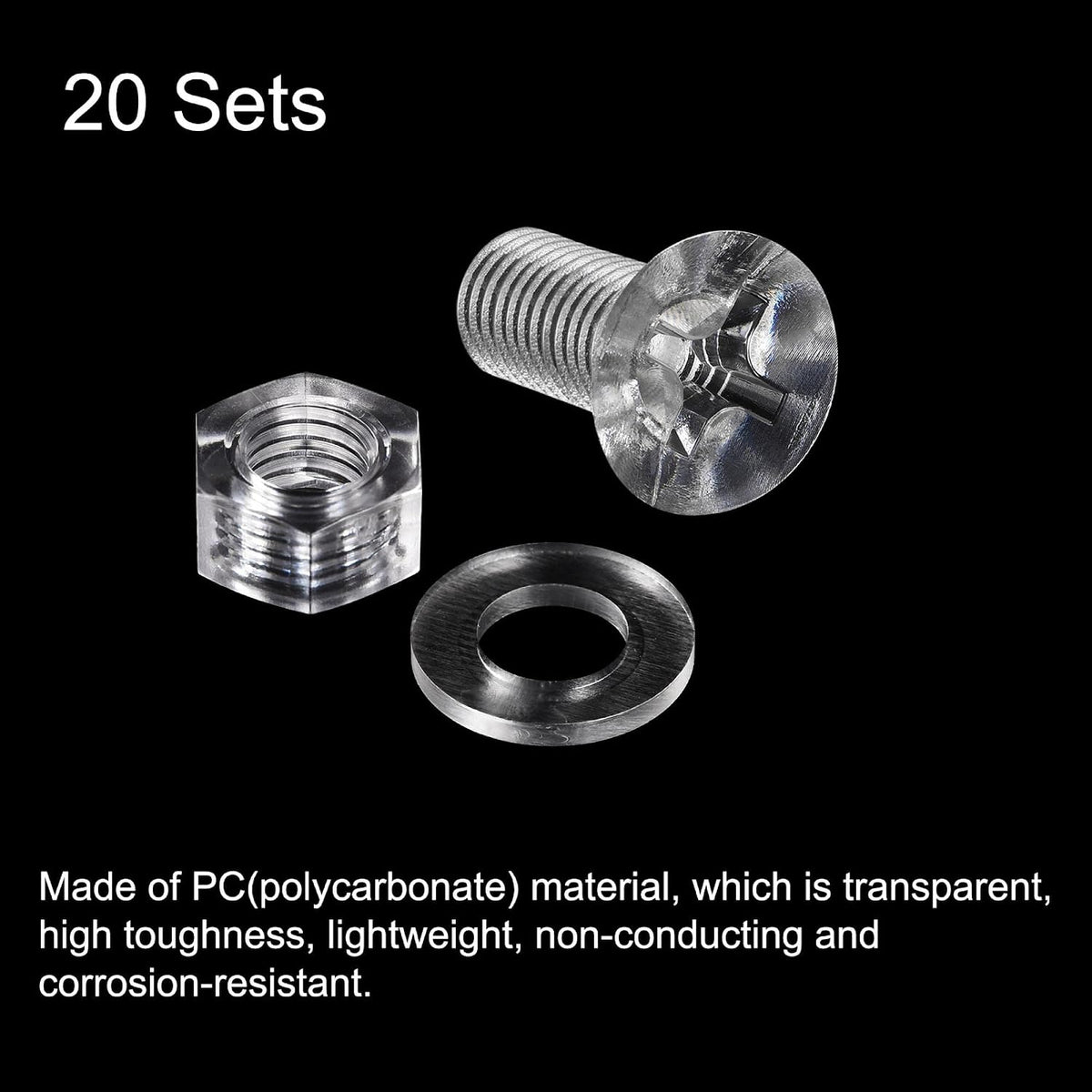 LinkMejor M8 x 50mm Plastic Phillips Machine Screws with Nuts and Flat Washers, PC Flat Head Machine Bolts Transparent 20 Sets
