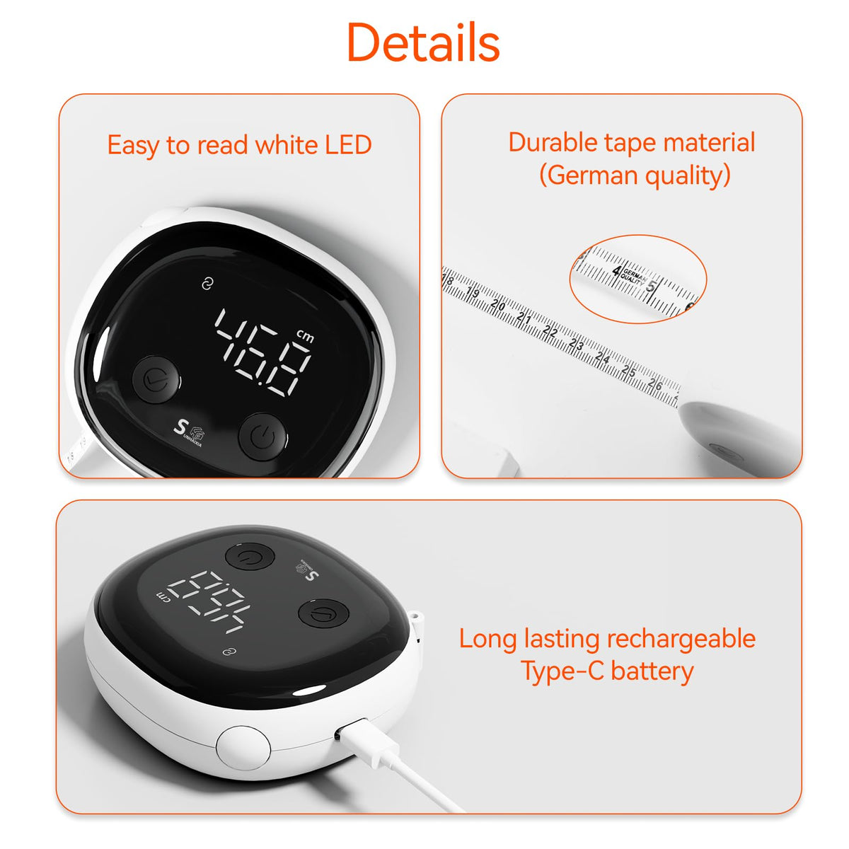 Tape à Mesurer Corporelle, Télescopique Numérique Bluetooth avec Écran LED, Type-C