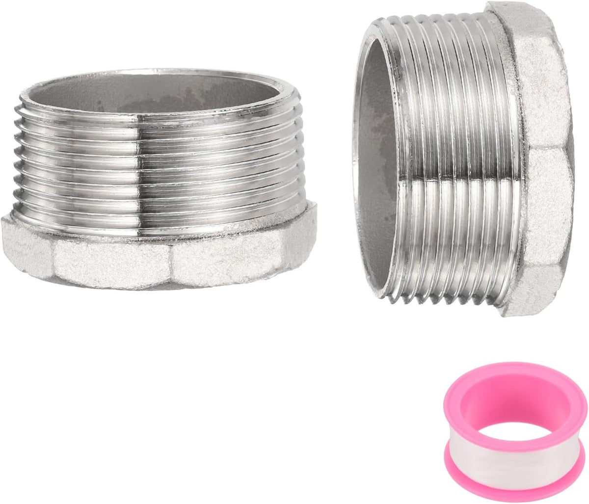 2 Pcs 304 Stainless Steel Reducer Hex Bushing G1-1/2" Male x G1" Female Threaded Reducing Pipe Adapter Fitting with PTFE Tape for Plumbing, Fuel Lines, and Pneumatic Systems