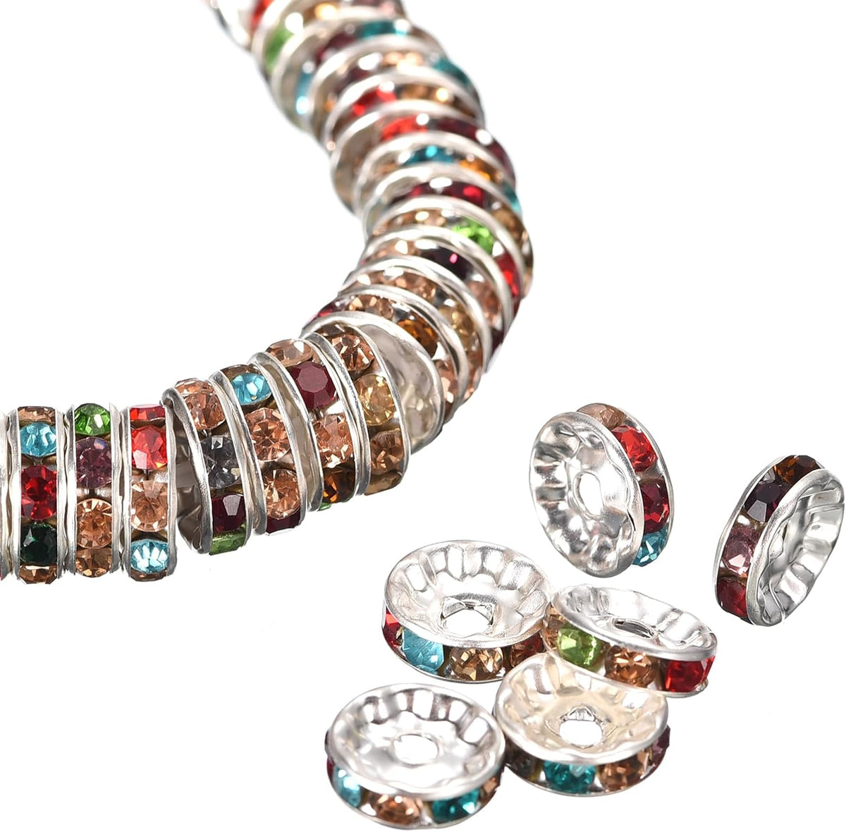 100Pcs 10mm Rondelle Spacer Beads, Silver Plated Multicolored Rhinestone Spacer Beads, Round Spacer Loose Beads for DIY Bracelet Necklace Jewelry Making Supplies