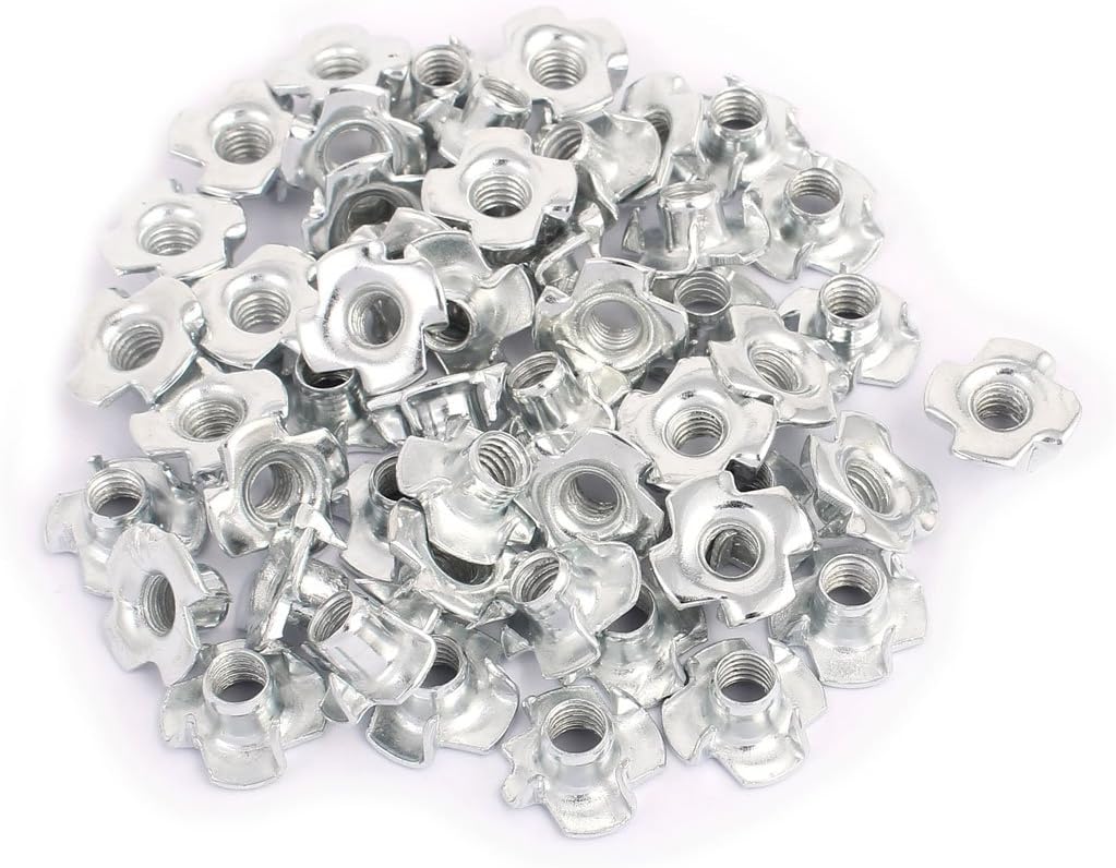 M6 x 8mm Four Pronged Tee Nuts Captive Blind Inserts 50pcs for Wood Furniture