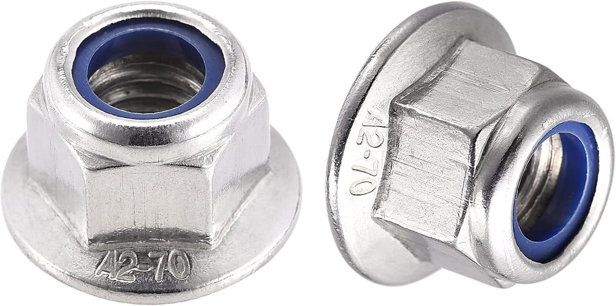 M10 Nylon Insert Hex Lock Nuts with Flange, 304 Stainless Steel, Plain Finish, 10pcs