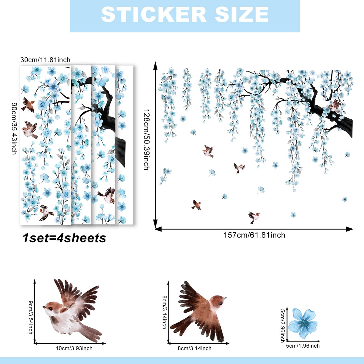 Lilac 4 Sheets Large Blue Cherry Blossom Tree Wall Stickers
