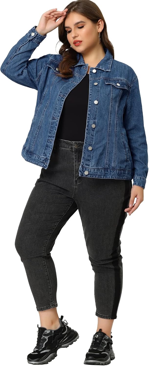 Kvinnors plusstorlek jeansjacka stickade knappar fram tvättad västerländsk outfit denimjacka