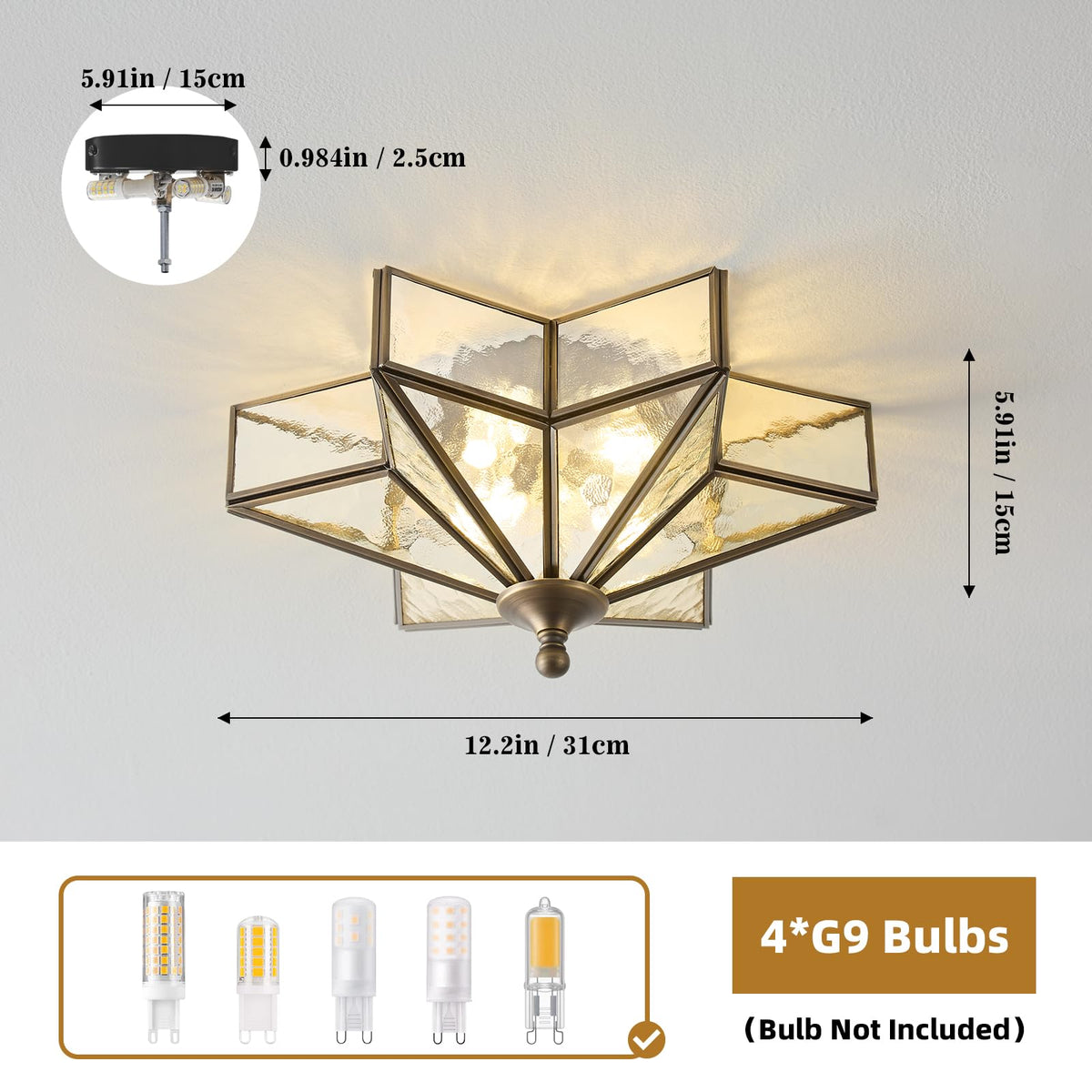 Star Brass Ceiling Light - 12.2 In Small Black Hammered Glass Flush Mount