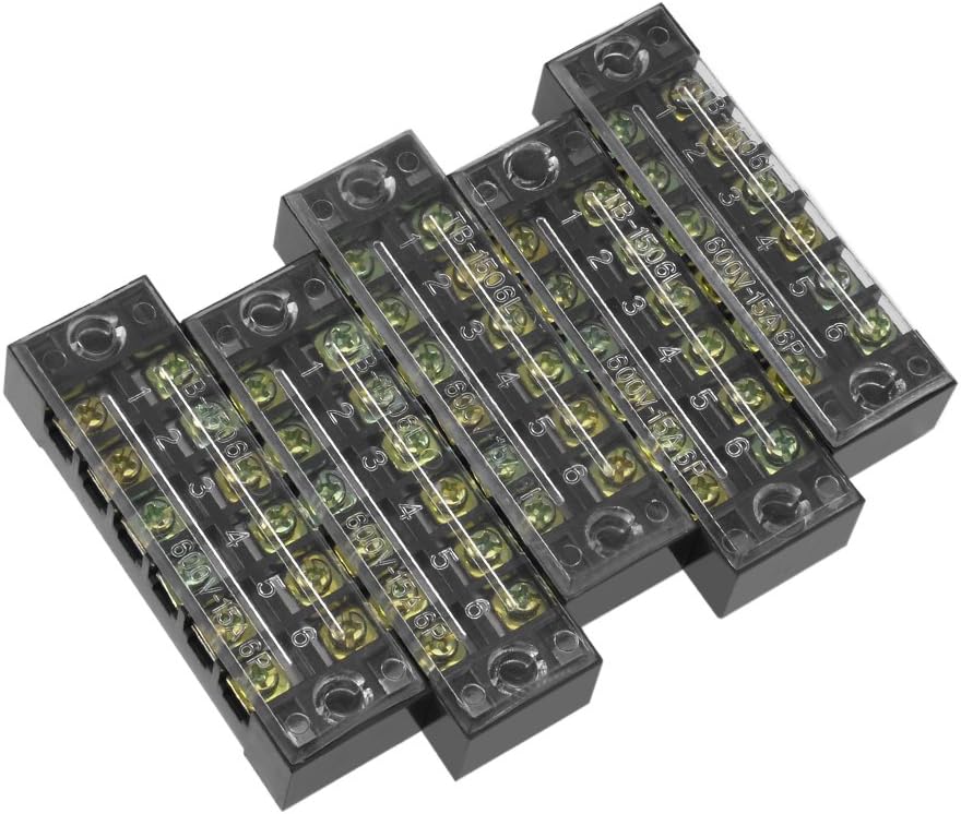 5 Pcs Dual Rows 6 Positions 600V 15A Cable Barrier Block Terminal Strip TB-1506L