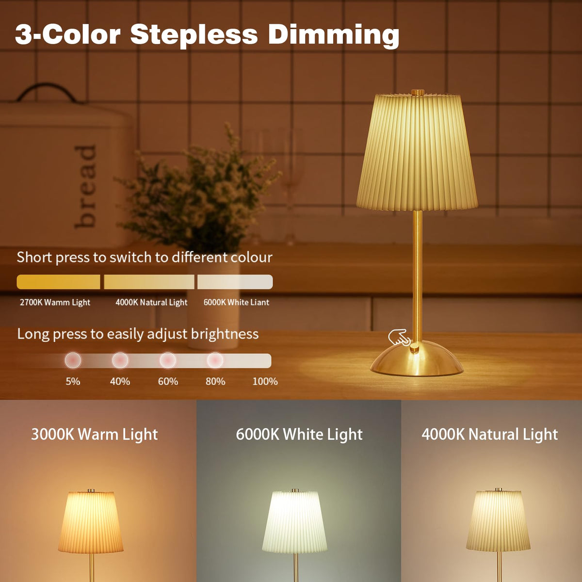 Cordless Rechargeable Table Lamp, 3-Color Touch Light, Antique Brass, Gift