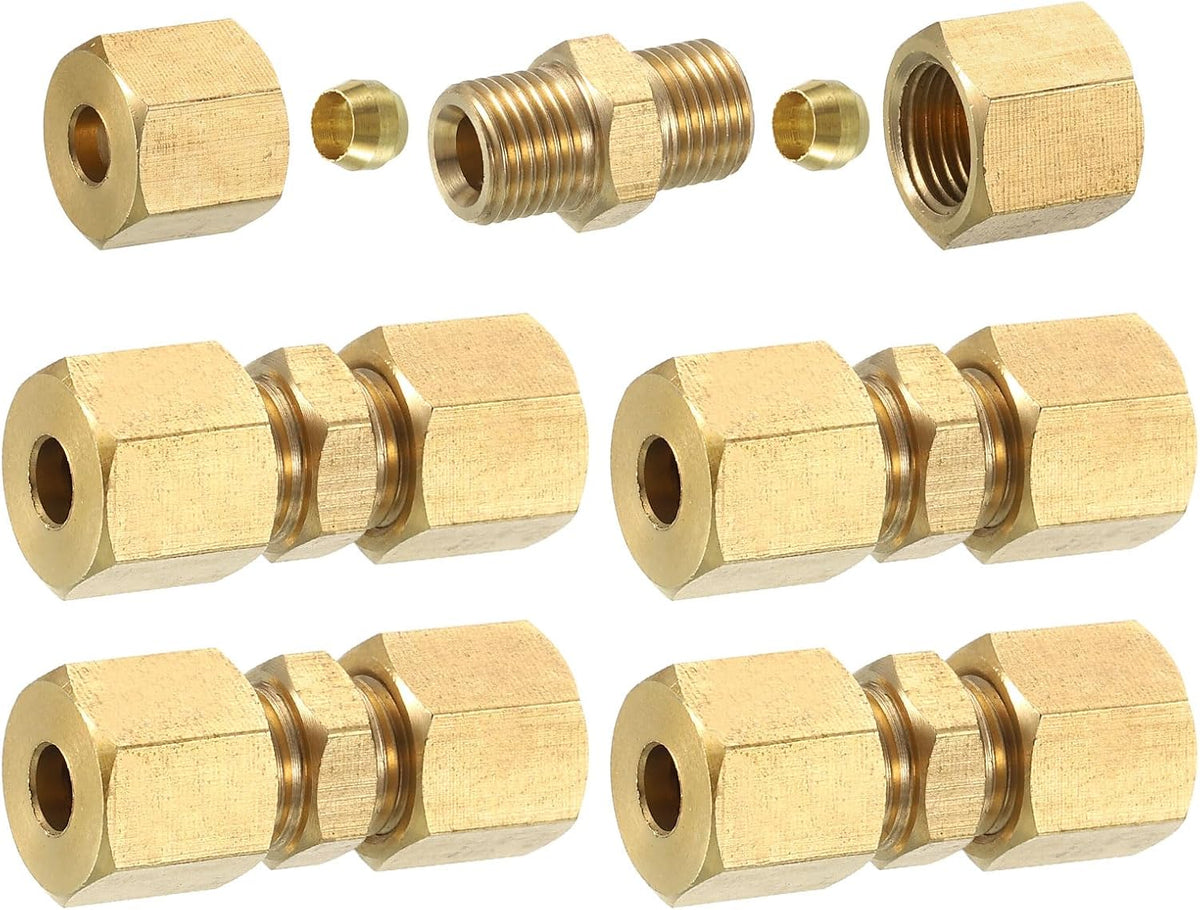 5Pcs Brass Compression Tube Fitting, 5mm Tube OD Connector, NPT Thread Compression Union Connectors & Compression Sleeves Ferrules, Brass Straight Coupling Adapter