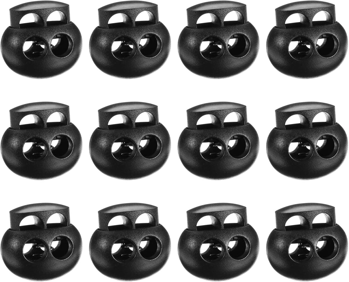 Spring Cord Lock Toggle Stopper, 12Pcs Plastic Lock Fastener Slider Clip Double Hole for Drawstring Paracord Cord Stop Elastic Craft Backpack, Black