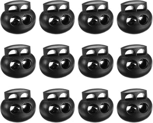 Spring Cord Lock Toggle Stopper, 12Pcs Plastic Lock Fastener Slider Clip Double Hole for Drawstring Paracord Cord Stop Elastic Craft Backpack, Black
