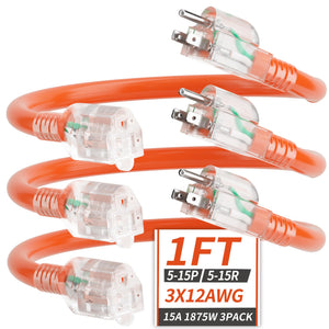 LinkMejor 1FT 3Pack 12 Gauge Extension Cord, Cablu de Extindere Scurt, Orange