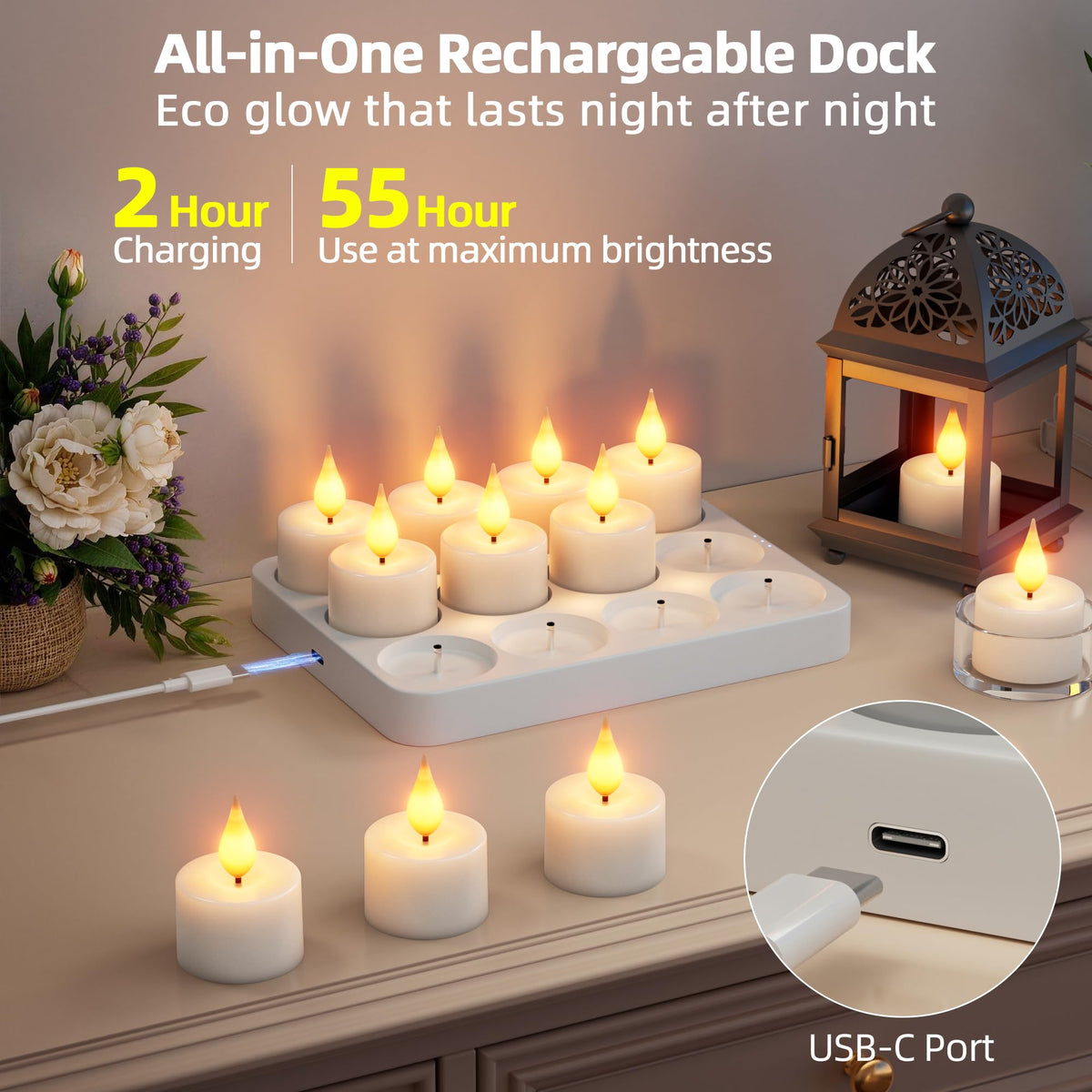 Rechargeable Flameless Tea Lights Candles with Remote Charging Base 12Pcs