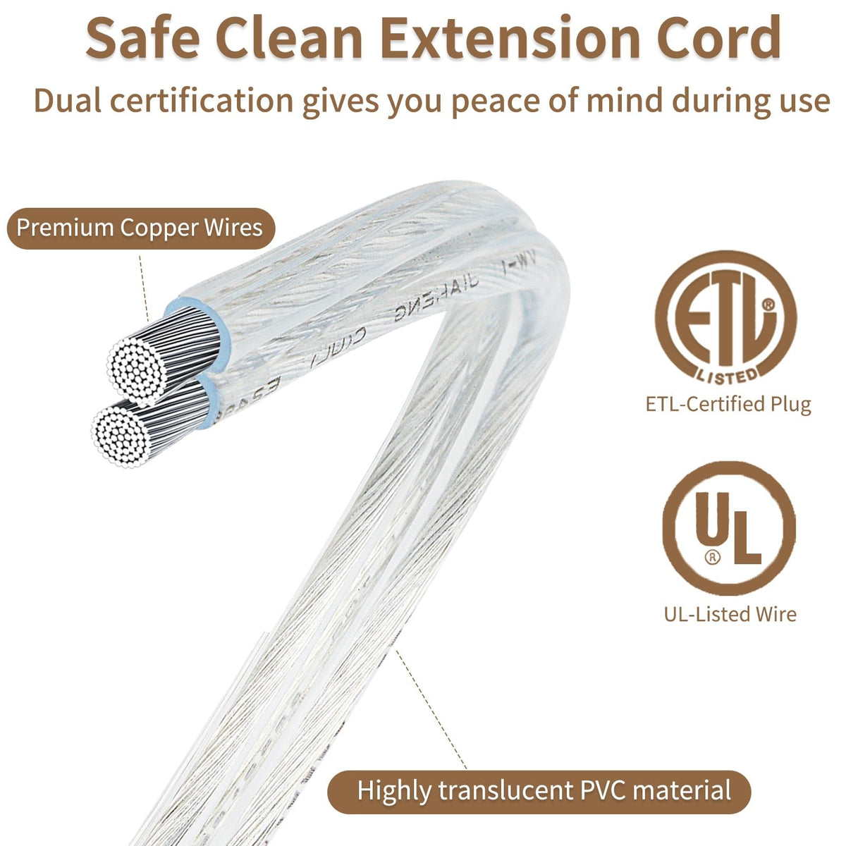 LinkMejor 2 Pack 9FT 3 Outlet Flat Clear Extension Cord Indoor Thin, 2 Prong