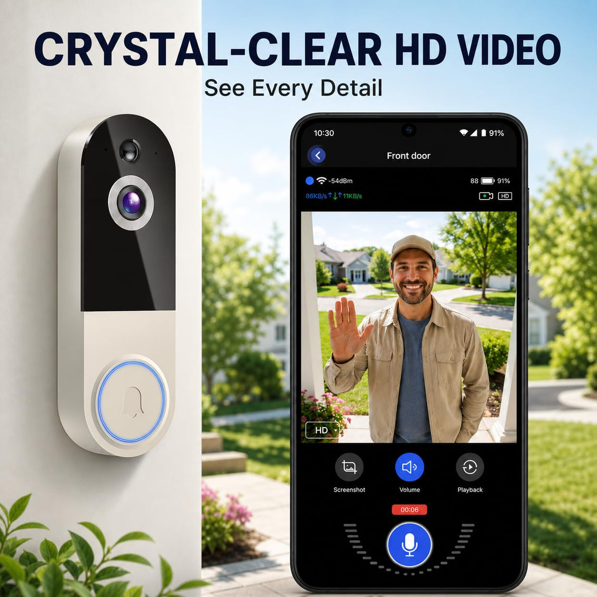 Buzzer vidéo sans fil avec récepteur, alimenté par batterie 1080P