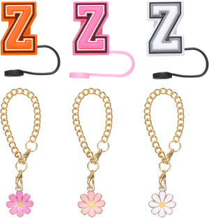 3pcs Flower Charm Cup Accessories with 3pcs 10mm Letter Z Straw Cover Cap Capital Letter and Silicone Leak Stopper for Name ID Personalized Charm Tumbler Cup, Orange/White/Red