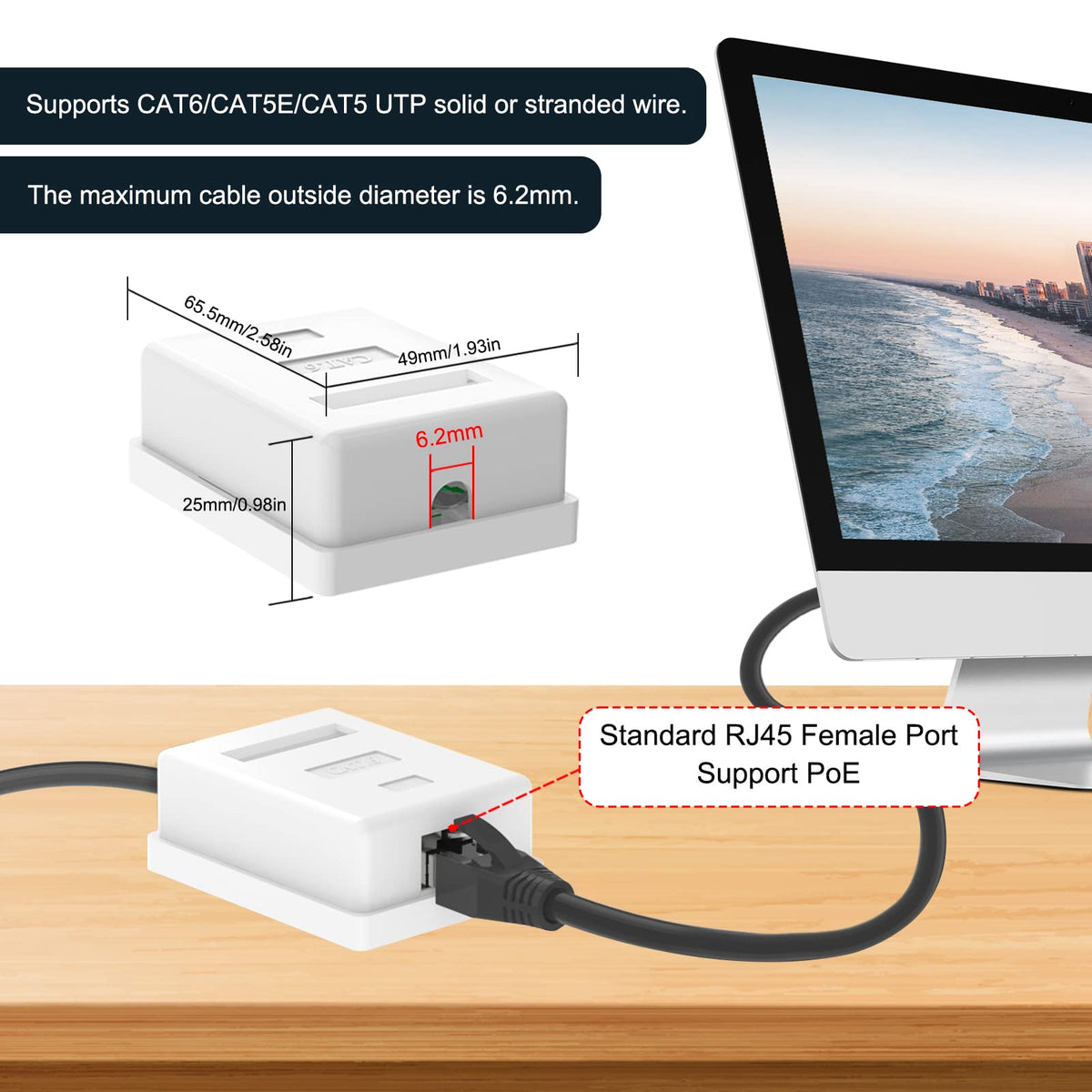 LinkMejor Cat6 RJ45 Montare pe Suprafață Cutie Încapsulată 1-Port, 5-Pack, Alb