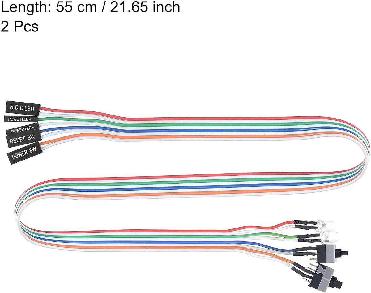 2 PIN strömkabel med 2 klara LED-lampor, 2 på/av-switches för ATX-dator, 55 cm, 2 stk