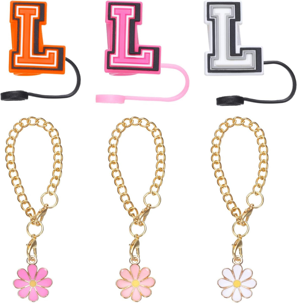 3pcs Flower Charm Cup Accessories with 3pcs 10mm Letter L Straw Cover Cap Capital Letter and Silicone Leak Stopper for Name ID Personalized Charm Tumbler Cup, Orange/White/Red