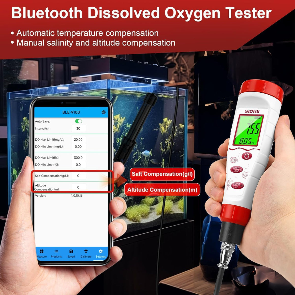 LinkMejor Oplossingszuurstofmeter, Digitale DO Tester met ATC Zoutcompensatie