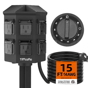 LinkMejor Strip de Tensiune Outdoor Timer, Senzor de Lumină Countdown de la Amurg la Apariția Soarelui, Cablu de Extindere de 15 Piede Impermeabil, 6 Ieșiri cu Conectare la Pământ pentru Decoruri de Halloween și Crăciun, Înregistrat la ETL