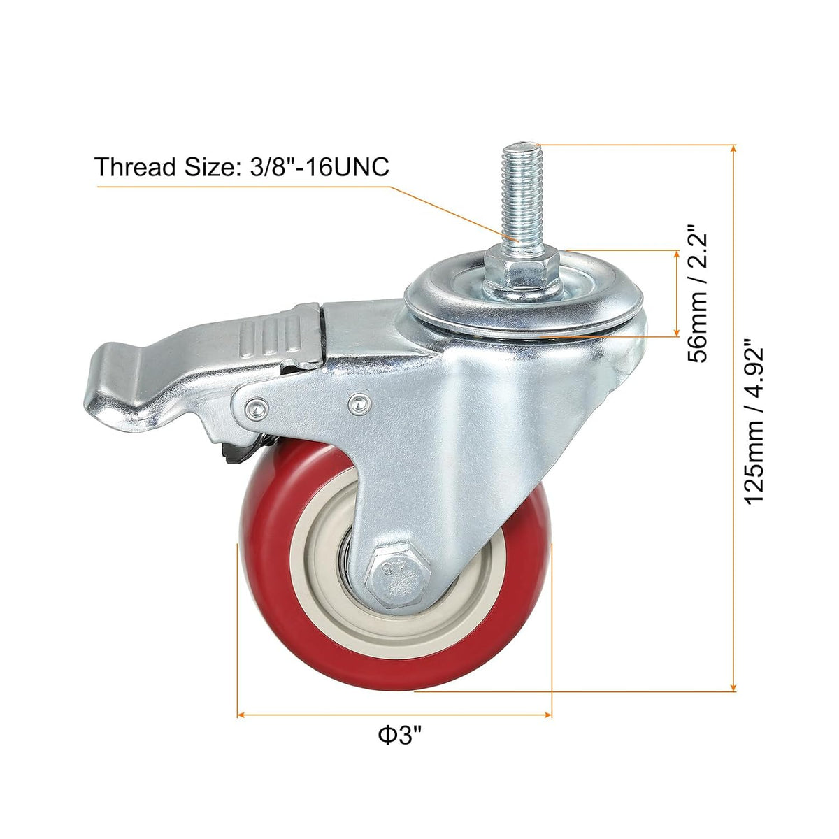 3-Zoll Drehgelenk mit Schraubenauslauf Radkugellager 3/8"-16UNC Schraube PU Radkugellager mit Bremse 88lbs Last für Möbelwagen, Rot 4Stück