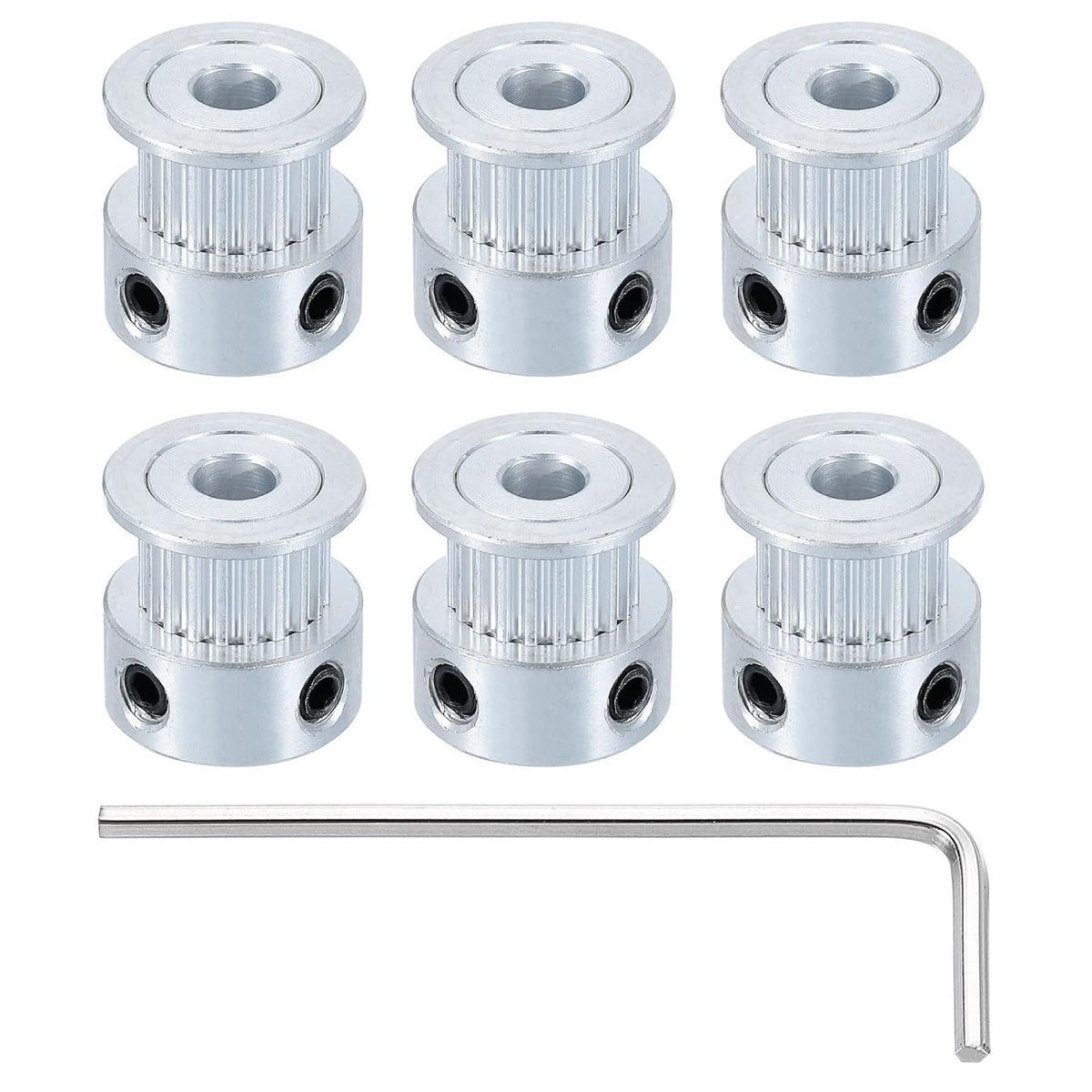 6 Pcs Aluminum 20 Teeth 5mm Bore 6mm Width Timing Belt Pulley Wheel Idler Pulley Synchronous Wheels Gear Part with Wrench for 3D Printer, Silver