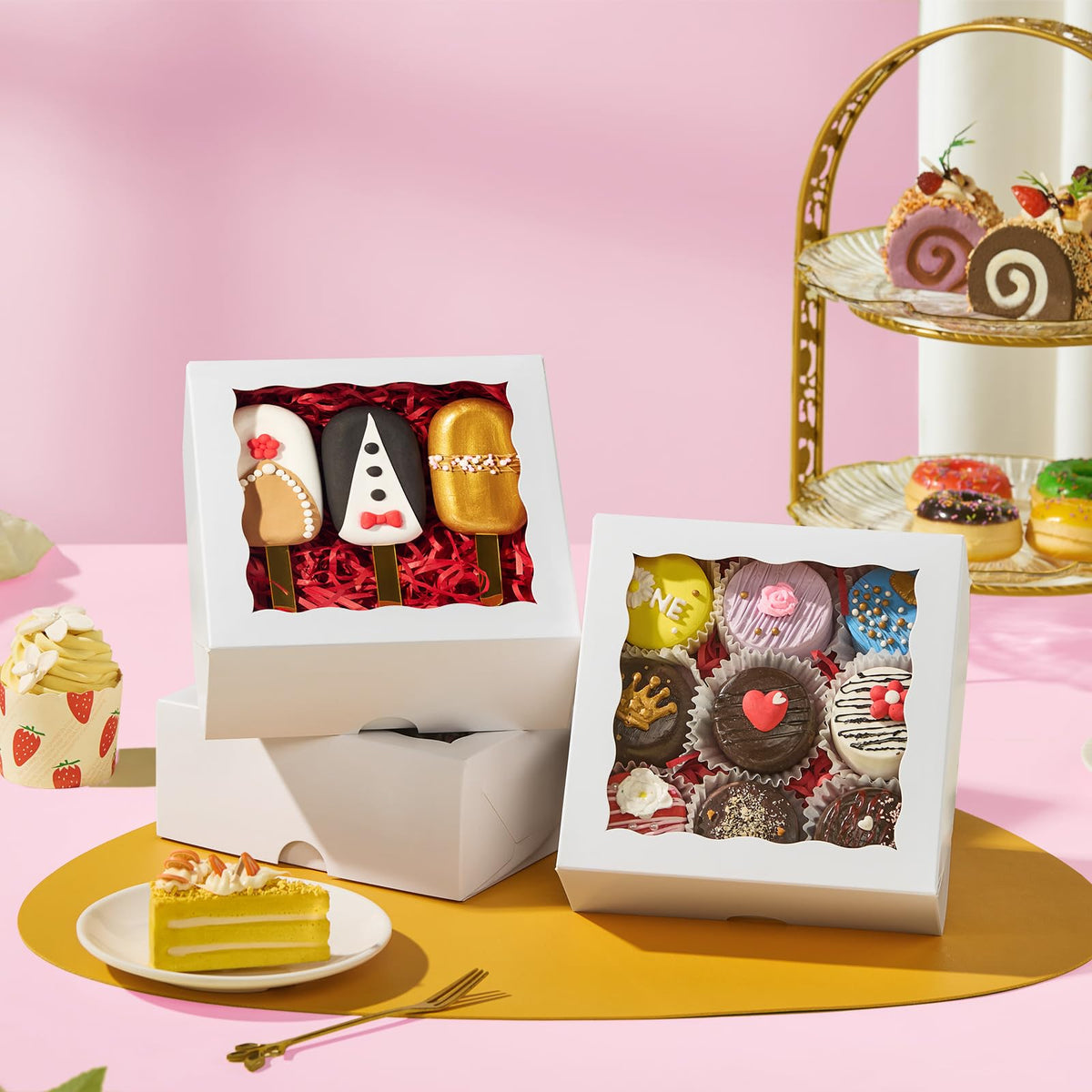 LinkMejor 55 Pack 6"x6"x2.5" Wit Banketdoos met Raam Koekdozen Kleine Taartdozen Macarondozen Taartdozen Truffel Chocoladedozen