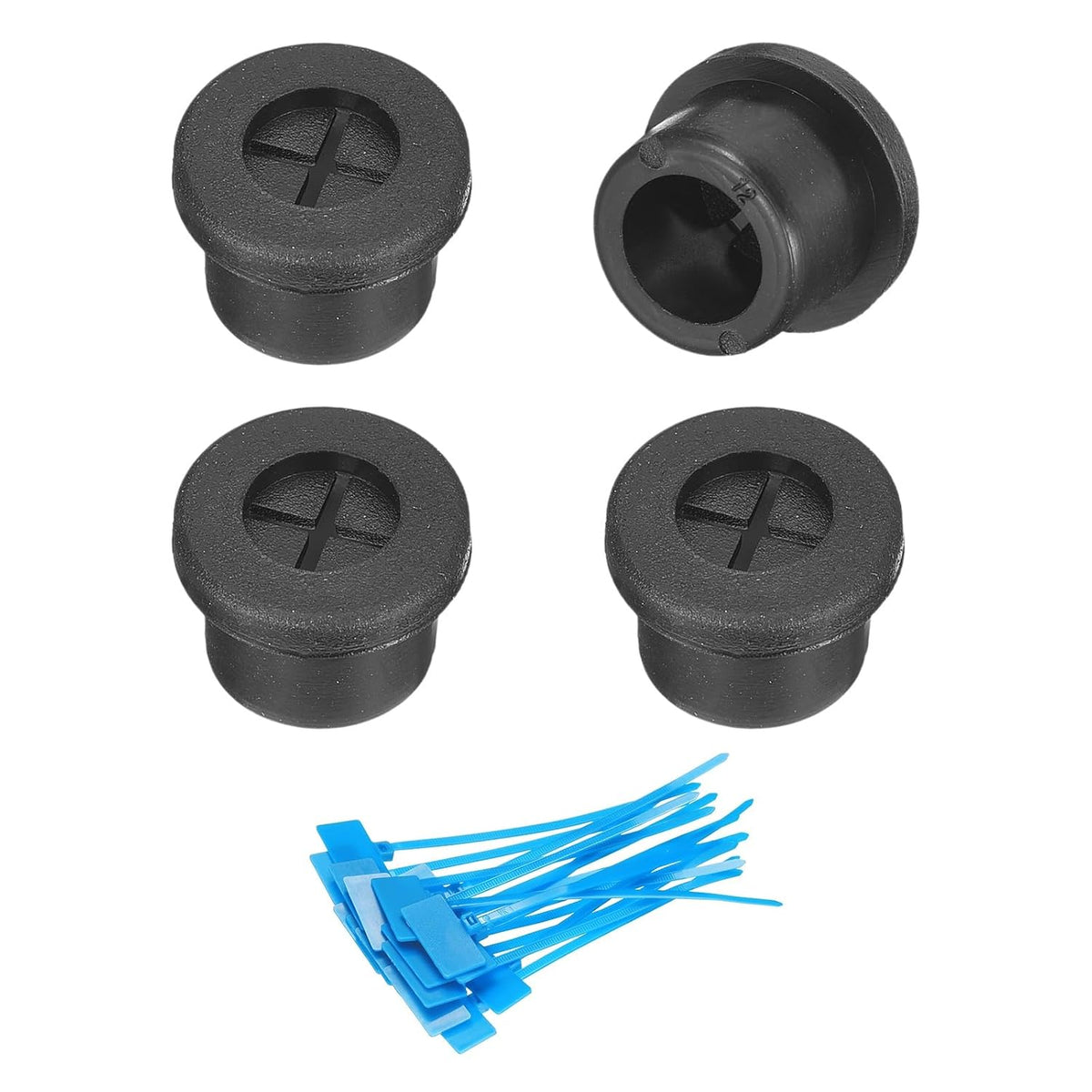 4Pcs Cable Cord Grommet, 1/2"(12mm) Rubber Desk Grommets Wire Pass Through Hole Cover with Marked Cable Ties for Home Office Cable Wire Protection, Black