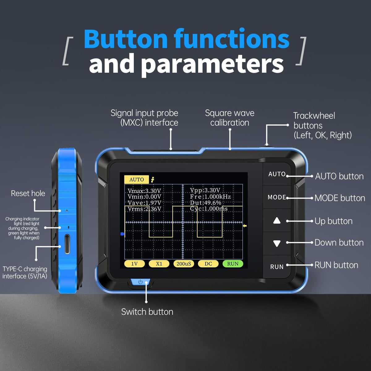 LinkMejor DSO152 Handheld Oscilloscope 200kHz Bandwidth, 2.5MS/s Sampling Rate