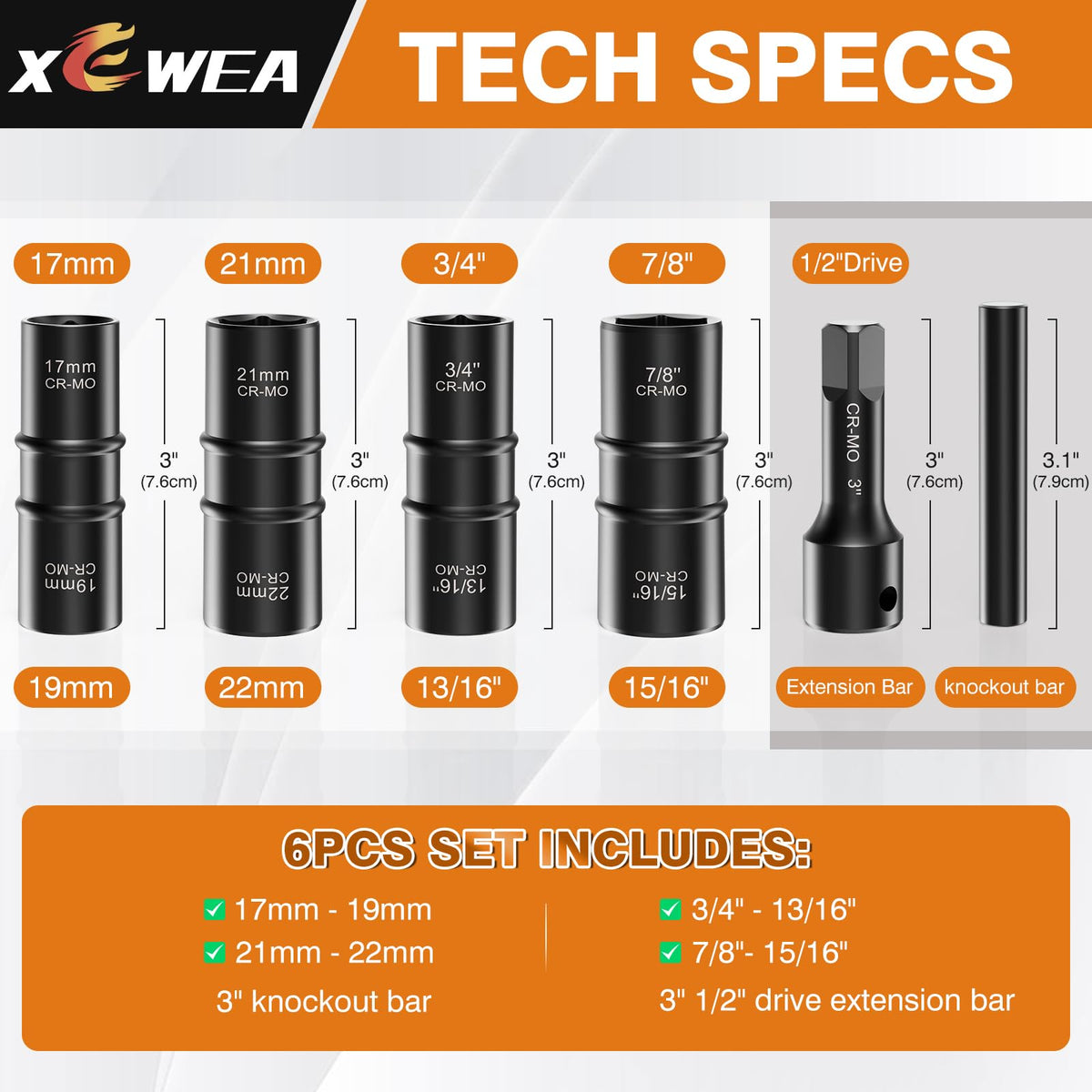 LinkMejor 6PCS Thin Wall Lug Nut Impact Socket Set, 1/2" Drive Flip Socket
