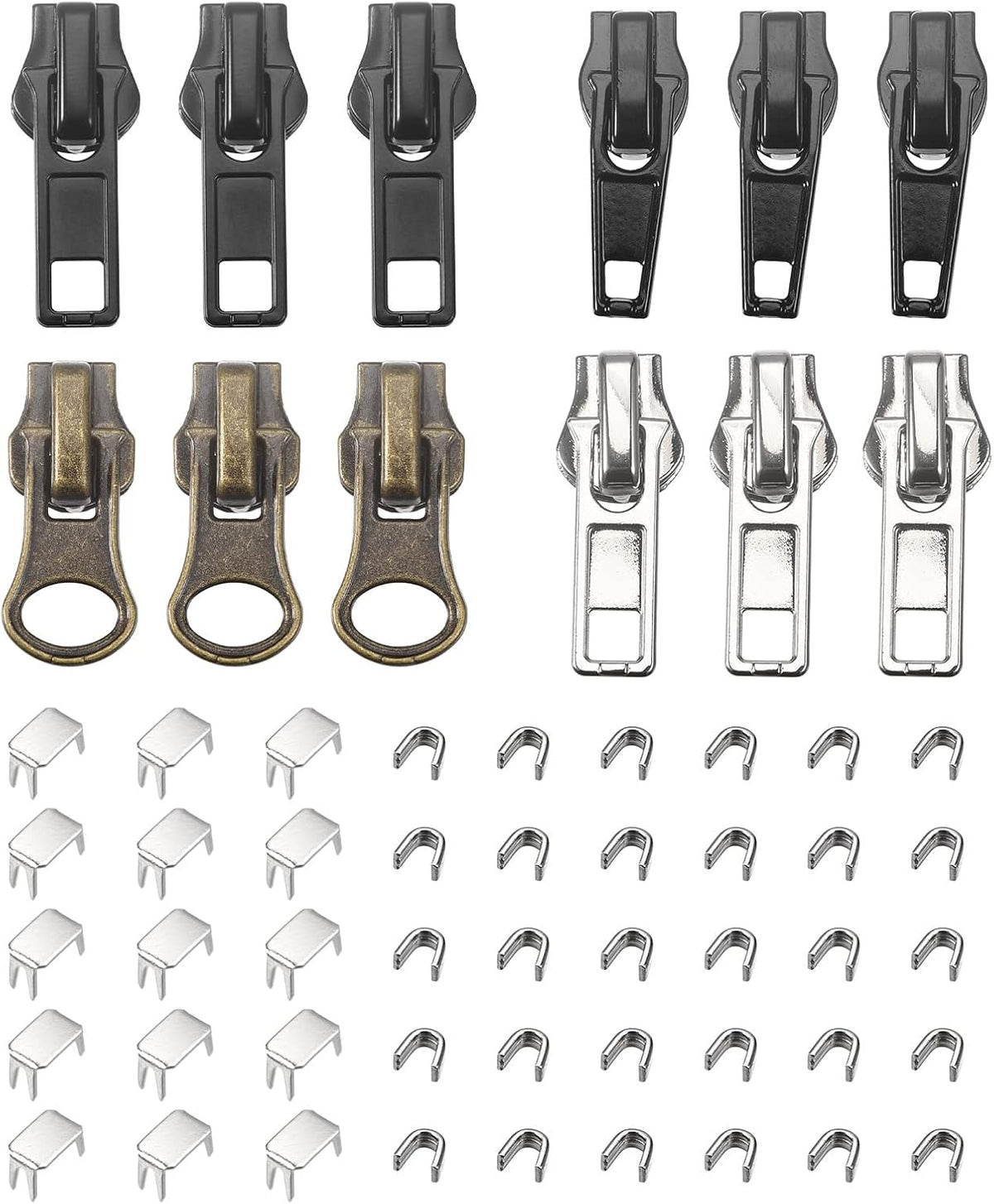 Zipper Repair Kits, 12Pcs #5 Zipper Pull & 30Pcs U-Shaped Top Stop & 15 Pcs Bottom Lock Stop for Replacing Metal, Plastic, Nylon Zippers of Coats, Jackets