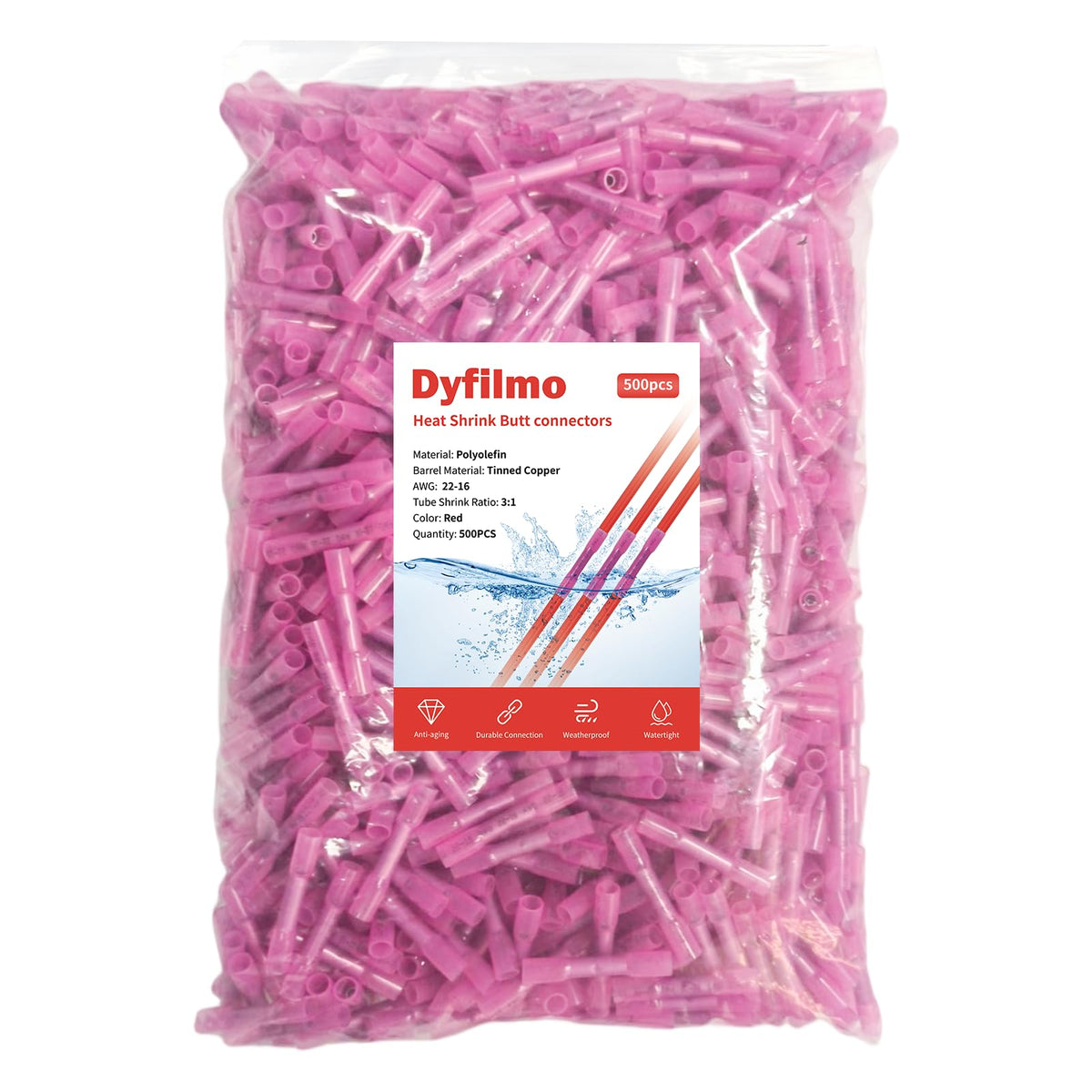 LinkMejor Heat Shrink Butt Connectors - 500Pcs 22-16 AWG Red Waterproof Electrical Wire Connectors Automotive Marine Grade Wire Crimp Terminals Butt Splices for Cable,Boat,Home Electrical etc.