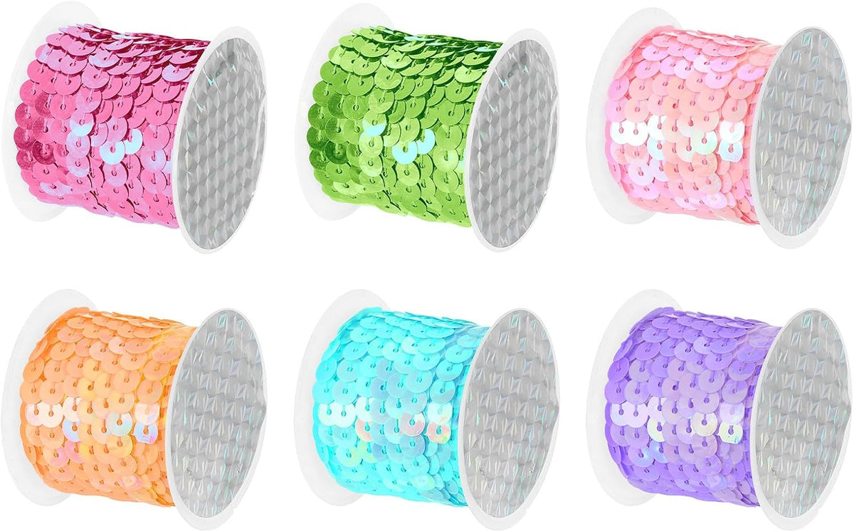 LinkMejor 6 Colors 30Yds Flat Sequins Strips, 6mm Spangle Paillette String Spool Rolls Sewing String Ribbon for Fringe Sewing DIY Projects