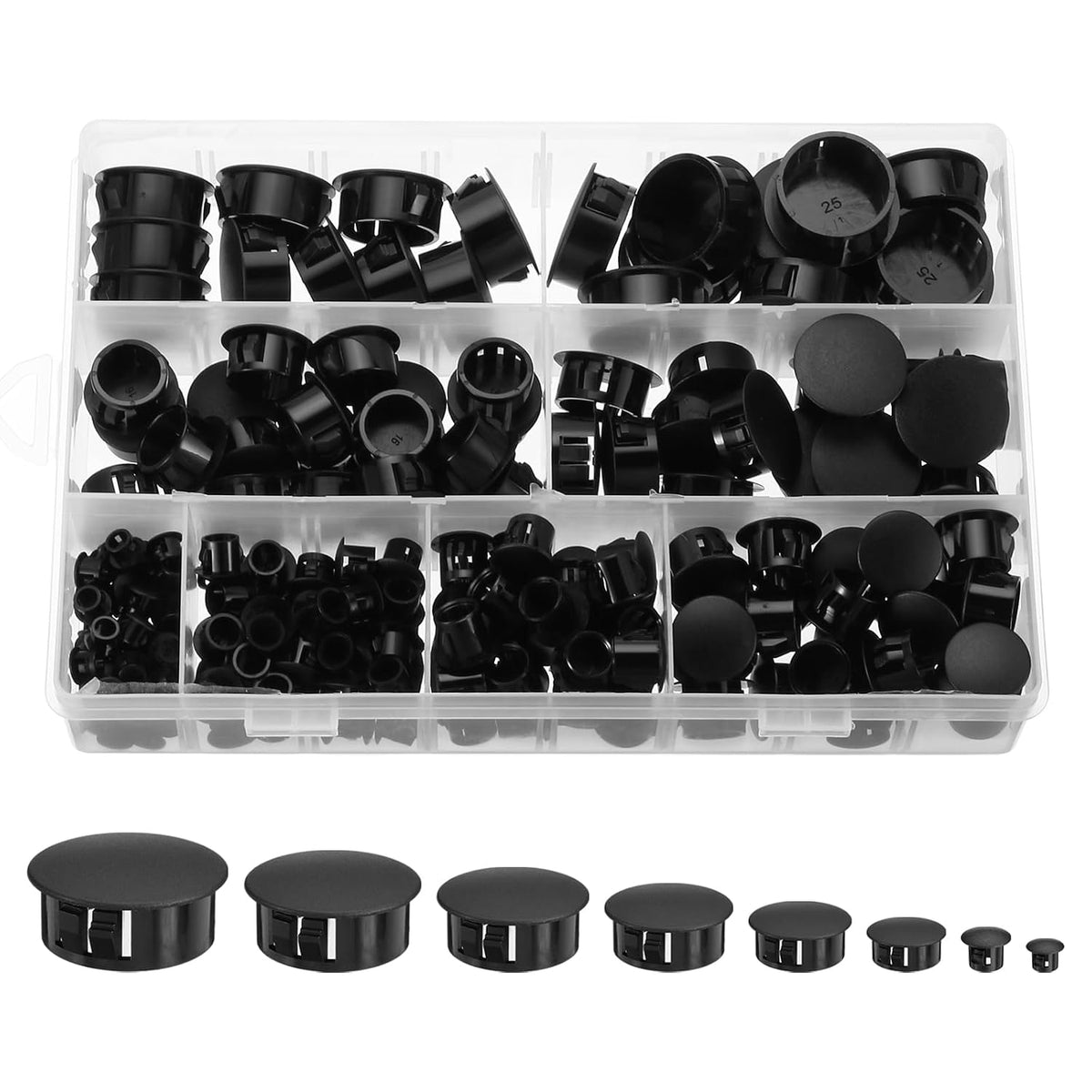 200pcs Plastic Hole Plug, 8-Sizes 1/4", 5/16", 3/8", 1/2", 5/8", 3/4", 7/8", 1" Nylon Caps-Snap in Locking Hole Plugs for Furniture Kitchen Cupboard Shelves