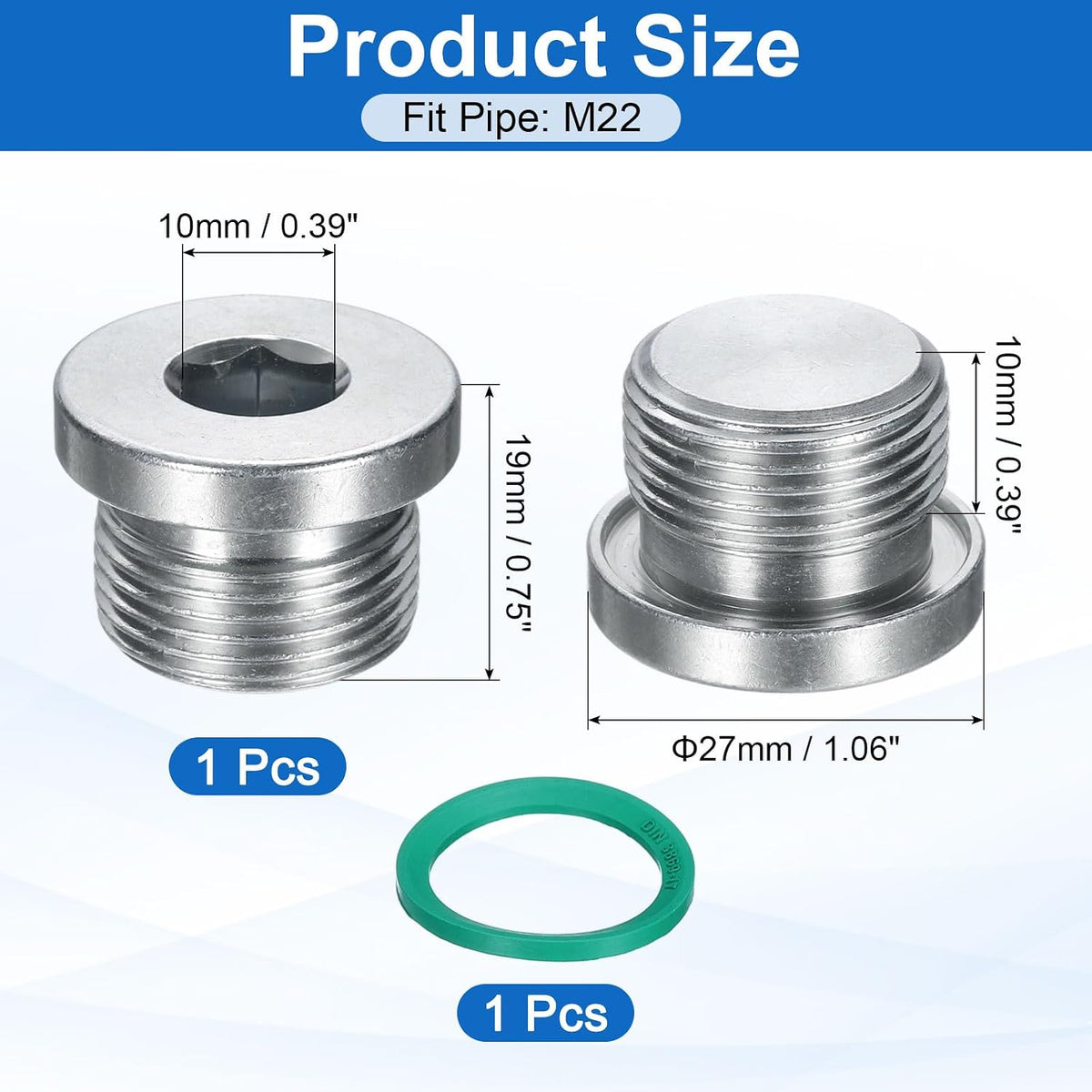 M8x1 Capăt Hex Intern Fitting de Conductă, Plug de Conectare Universal din Oțel Inox 304 cu Anul O-Ring Verde pentru Terminarea Capăților de Conductă sau Draineri de Înlocuire