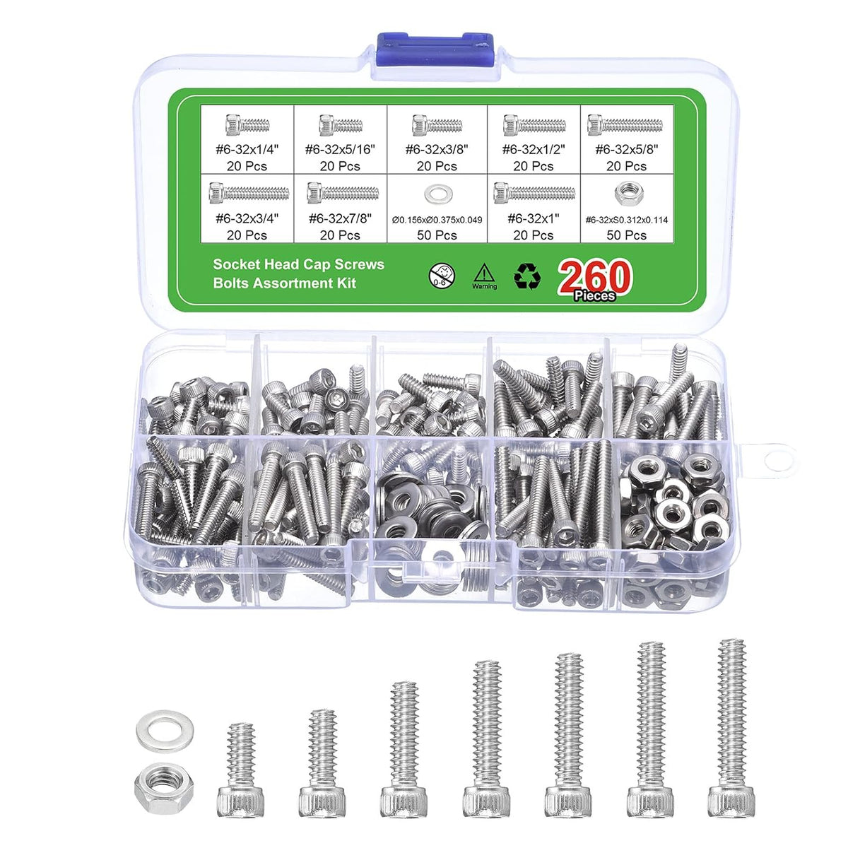 Hex Socket Bolt Kits (#6), 304 Stainless Steel Hex Socket Drive Screw, Silver Tone
