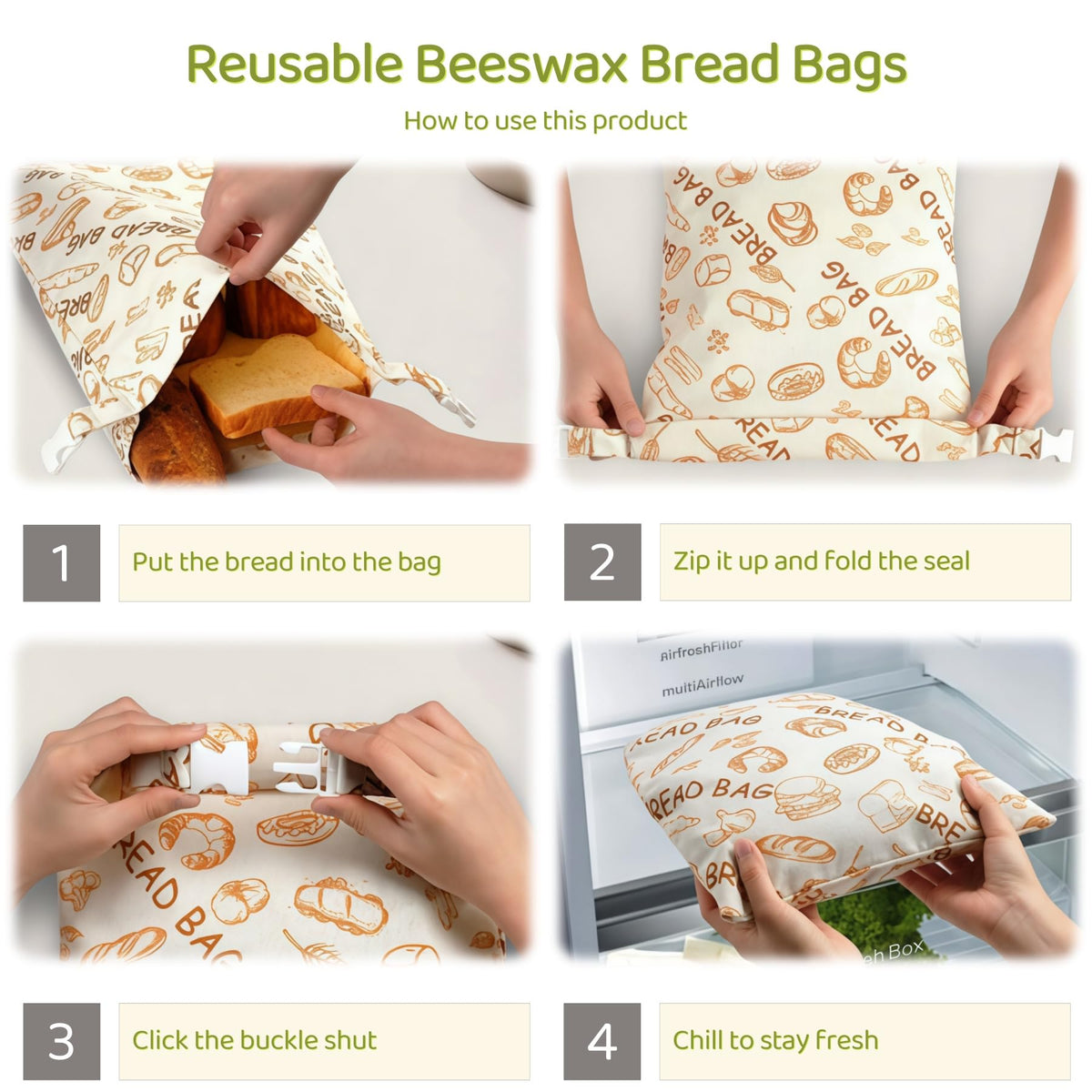 2 Pack XL Beeswax Bread Bags with Zipper Seal – Reusable Cotton Linen Waxed Bread Bags for Homemade Bread, Sourdough Storage, Eco-Friendly Bees Wax Bag Alternative to Plastic (2Pack)