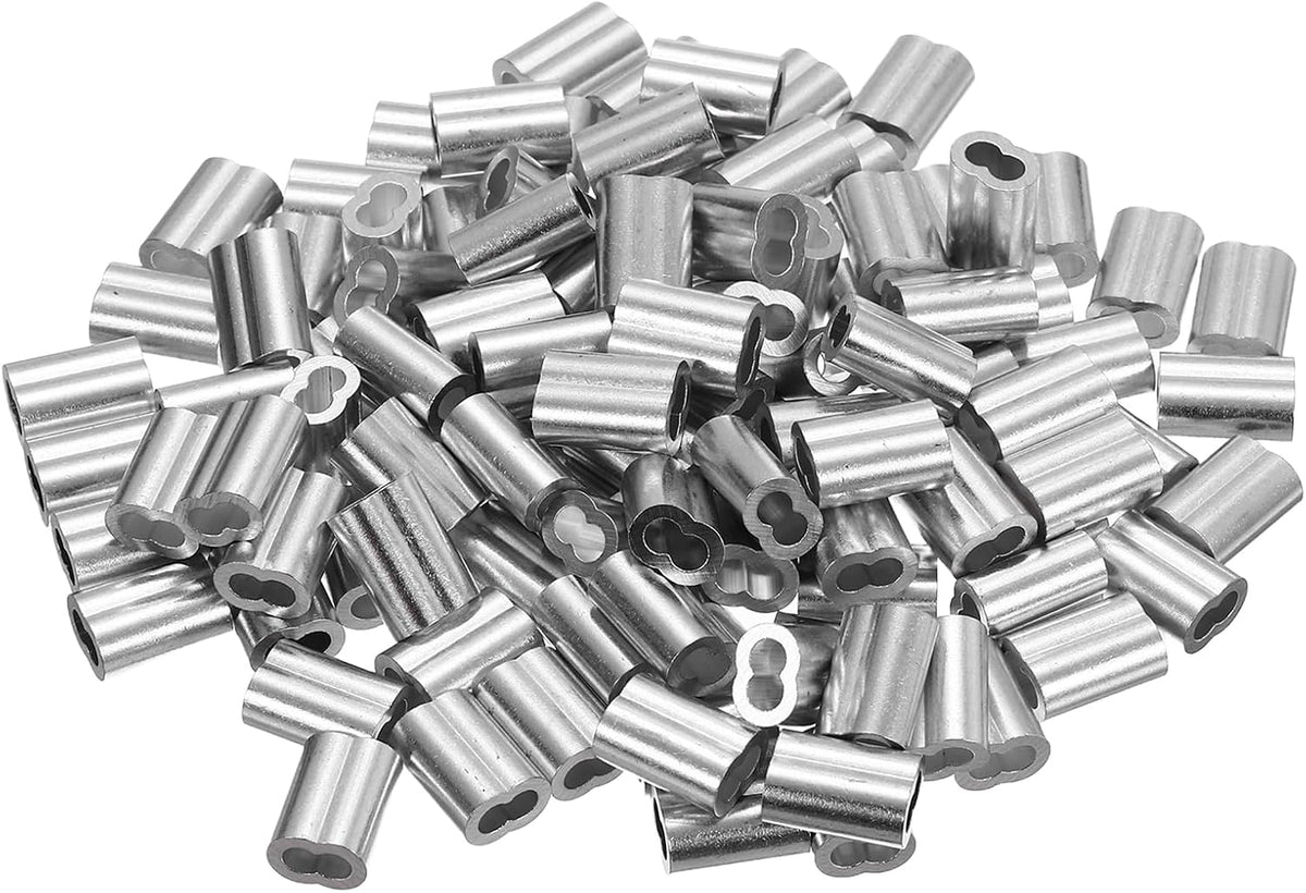 1/8"(3mm) Aluminum Crimping Loop Sleeve, Double Hole Cable Ferrule for Wire Rope, Silver 110Pcs
