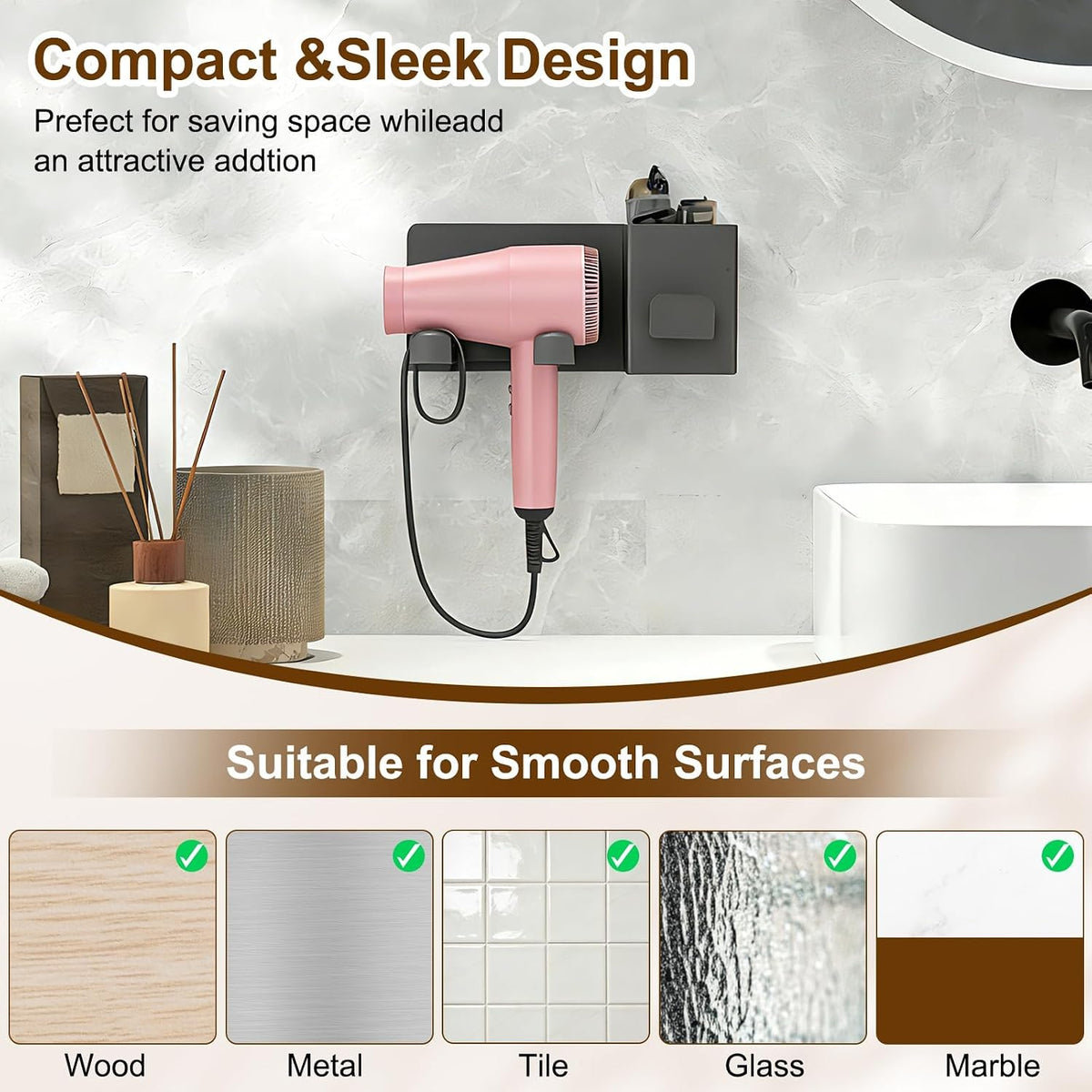 Hair Dryer Holder Wall Mounted, Blow Dryer Holder, Carbon Steel Hairs Tool Organizer Hairdryer Stand Hanger Rack with No-Drilling Glue for Bathroom Bedroom Barber Shop, Dark Grey