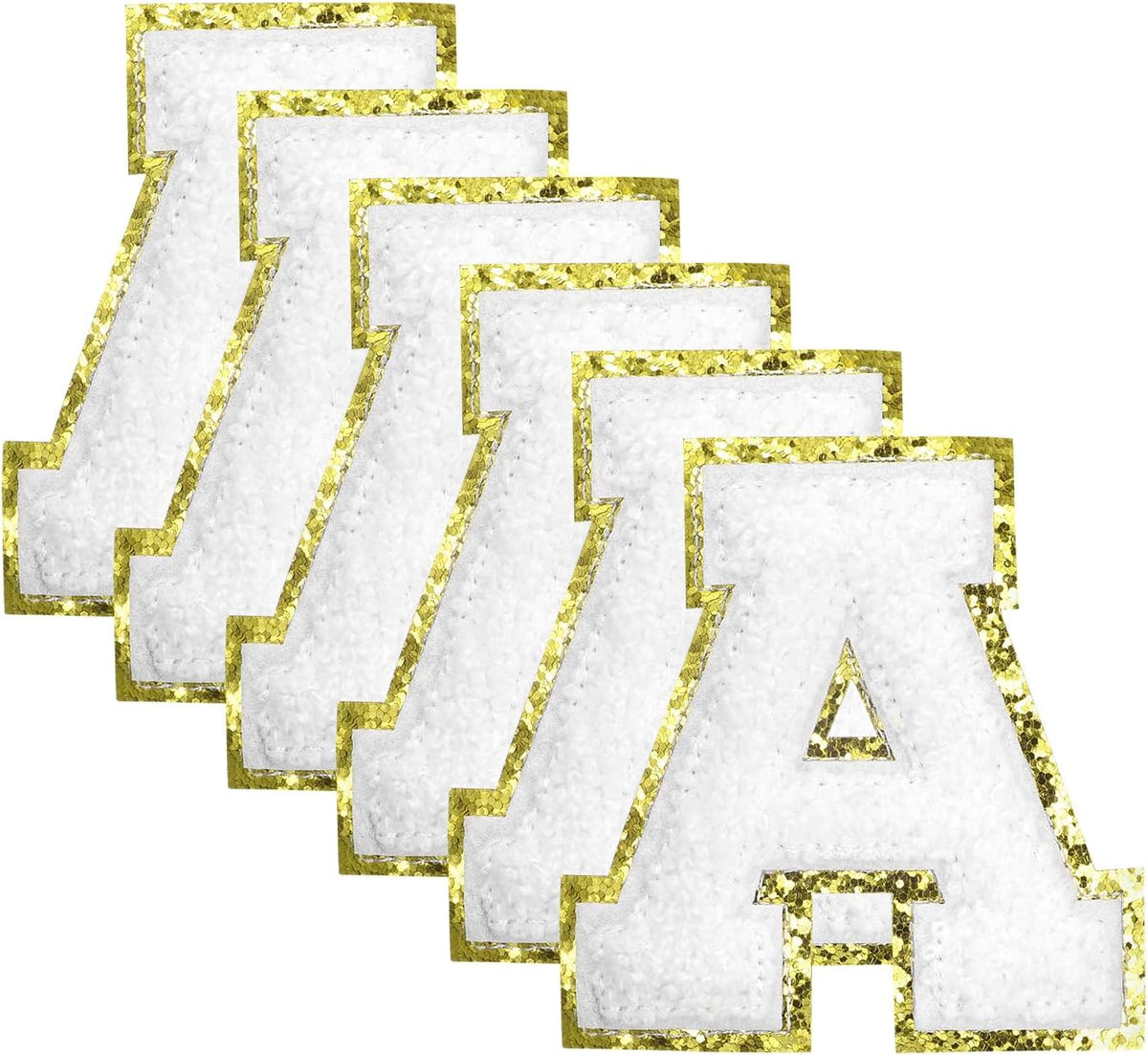 6pcs Glitters Chenille Letter Patches 8.4cm / 3.3" Chenille Iron-On Letter Patches Applique for Clothing Hats Jeans Shoes Bags (White, Letter A)