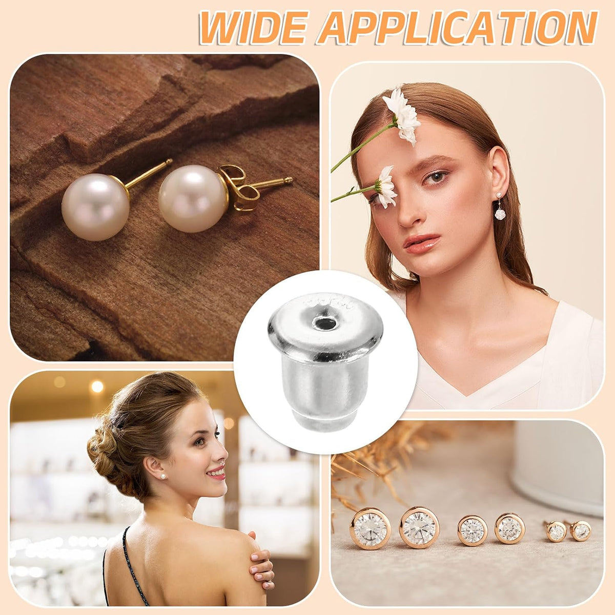 2Pcs Spalle d'Orecchio, 4mm Argento S925 (Non Piatto d'Oro) Spalle d'Orecchio a Forma di Bullets, Reperibili per Spalline di Stud, Rosa Dorata