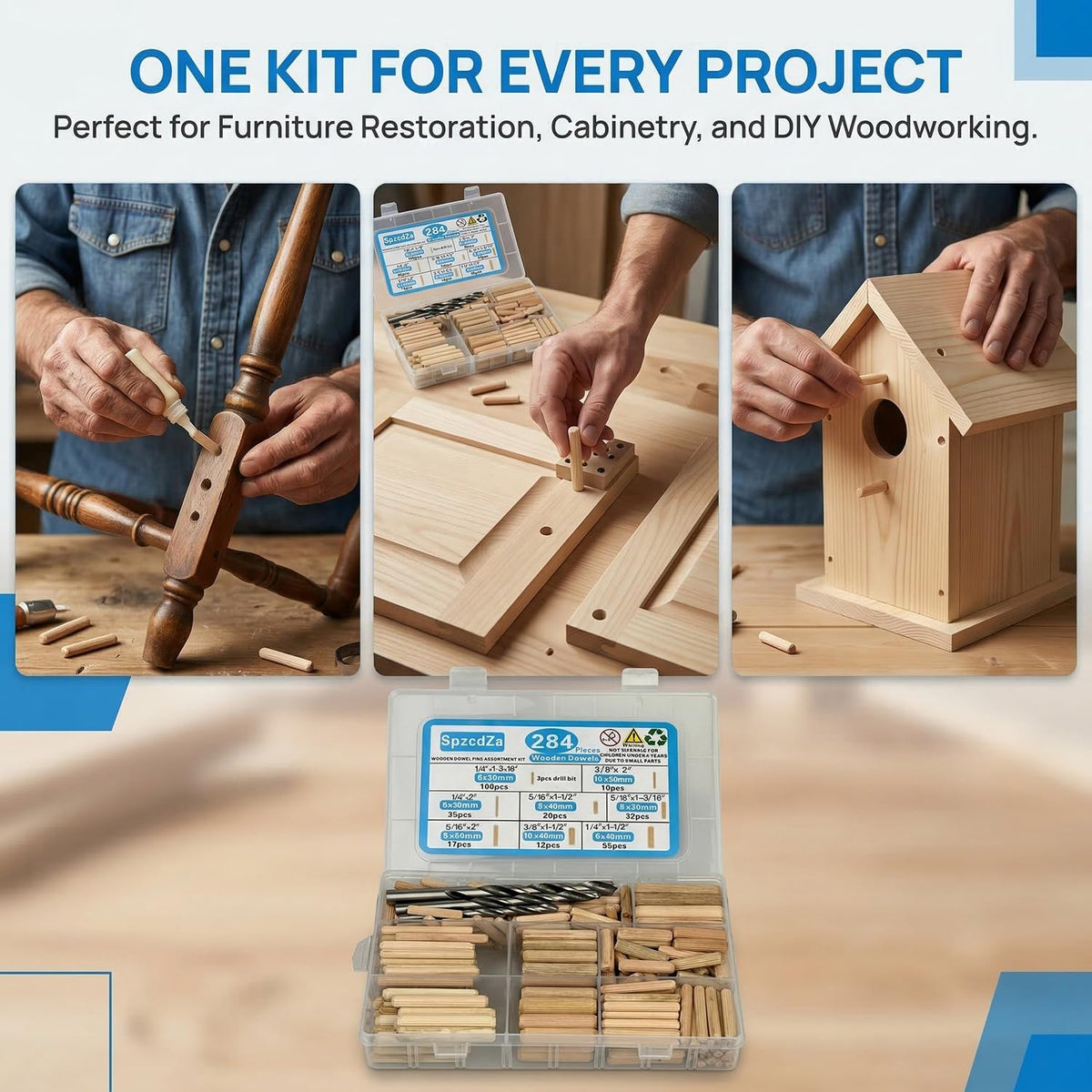 284Pcs 8-Size Wood Dowels Kit with 3 Drill Bits for Woodworking