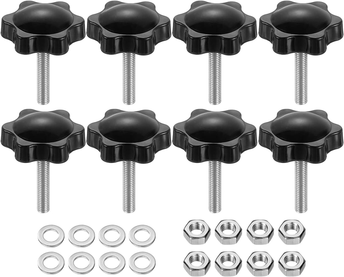 8pcs Star Clamping Knobs with Nuts Washers, M5 x 25mm Metric 304 Stainless Steel Male Thread 32mm 6-Star Plastic Head, Threaded Stud Hand Knobs Handles Thumb Screws, Black