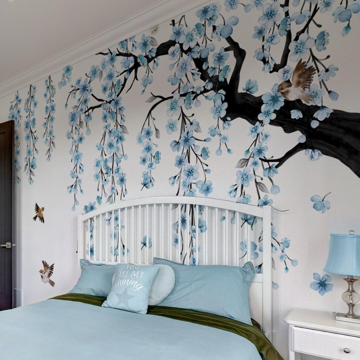 Lilac 4 Sheets Large Blue Cherry Blossom Tree Wall Stickers