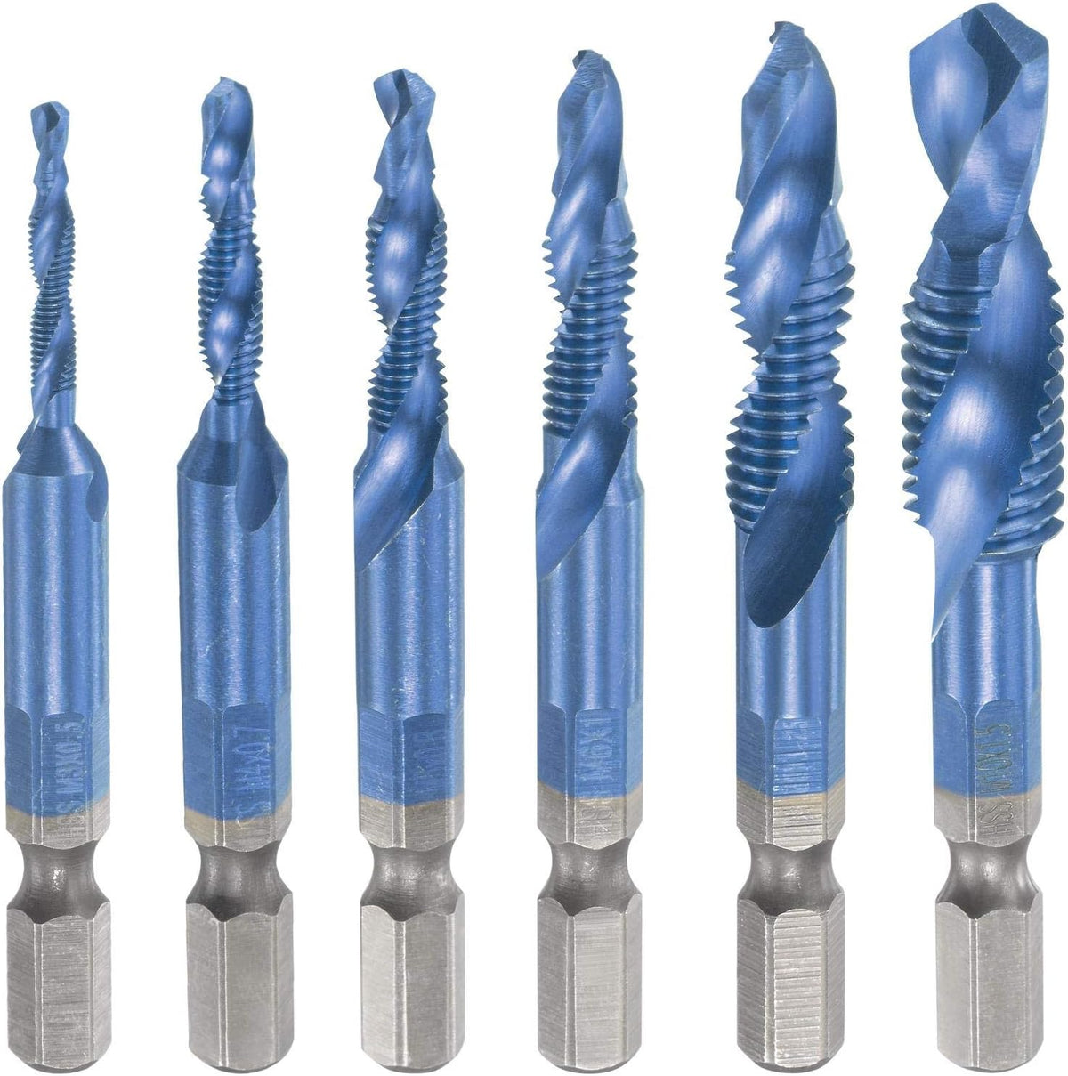 Combination Drill and Tap Bit Set M3 M4 M5 M6 M8 M10 with 1/4" Hex Shank Bluing High Speed Steel Countersink Bit Spiral Flute Tapping Tool 6pcs