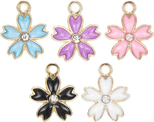 20 Pcs Cherry Blossoms Charm Pendants, Gold Plated Pendants DIY for Keychain Craft, 17x14mm, Purple/White/Blue/Black/Pink