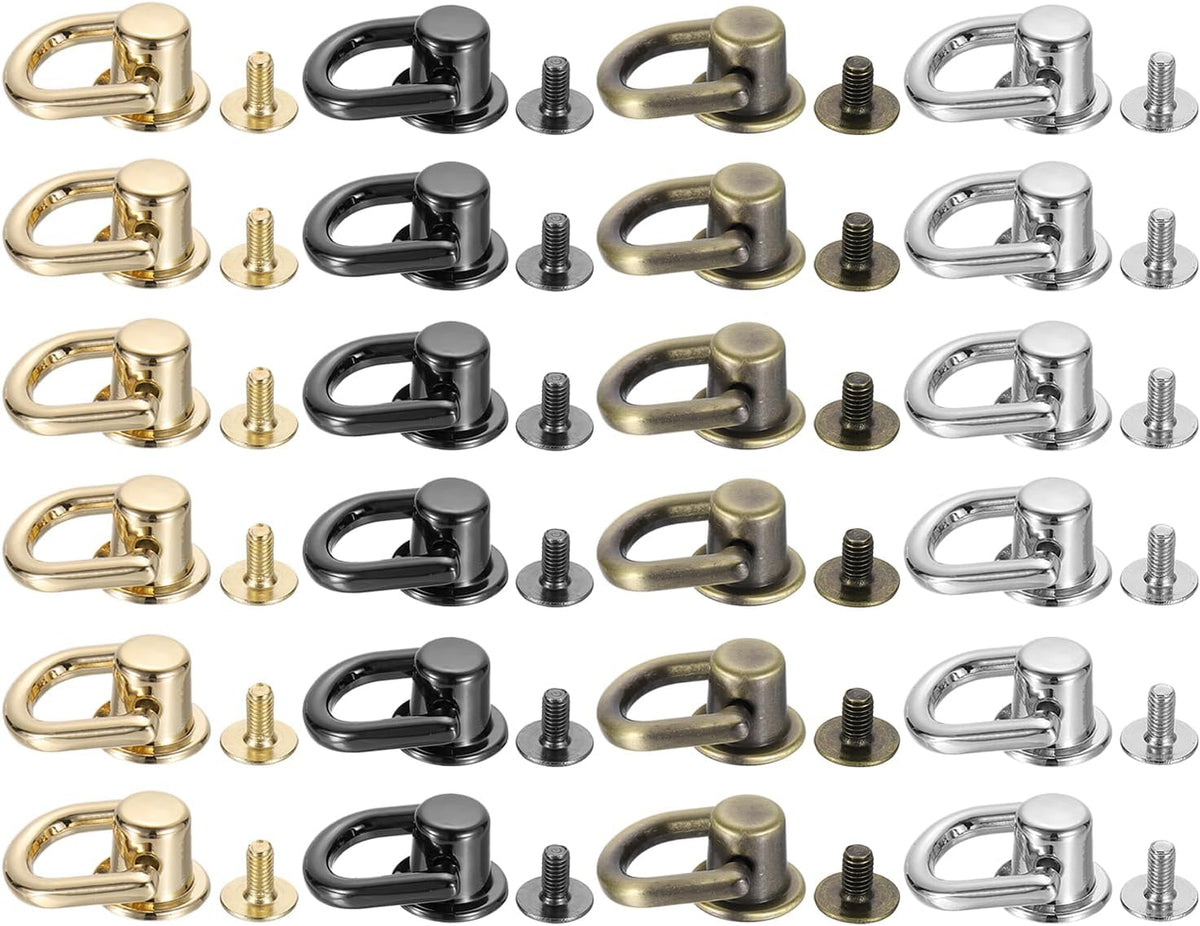 24Pcs D Ring Stud Screw Ball Head Button, Metal D Ring Rivets for Leather DIY Craft, Bag Shoes Accessories, 4 Colors