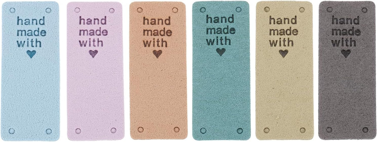 30Pcs Handmade Leather Label, 20x50mm PU Leather Sewing Embossed Tag Embellishment Knit Crochet Tags for Clothing Purses Scarves DIY, 6Colors