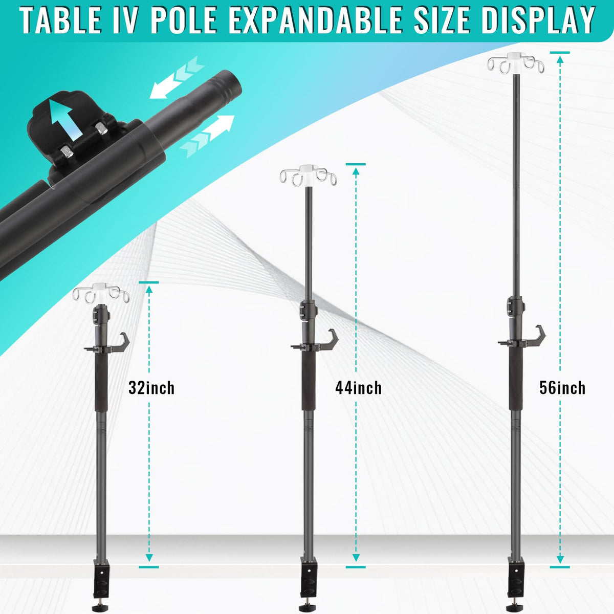 LinkMejor Table IV Poles,32 to 56In Telescopic Desktop IV Stand with 4 IV Bag Holder Portable Frosted Pipe Extension Pole IV Influsion Pole with Storage Hook for Home Hospital Clinic (Black)